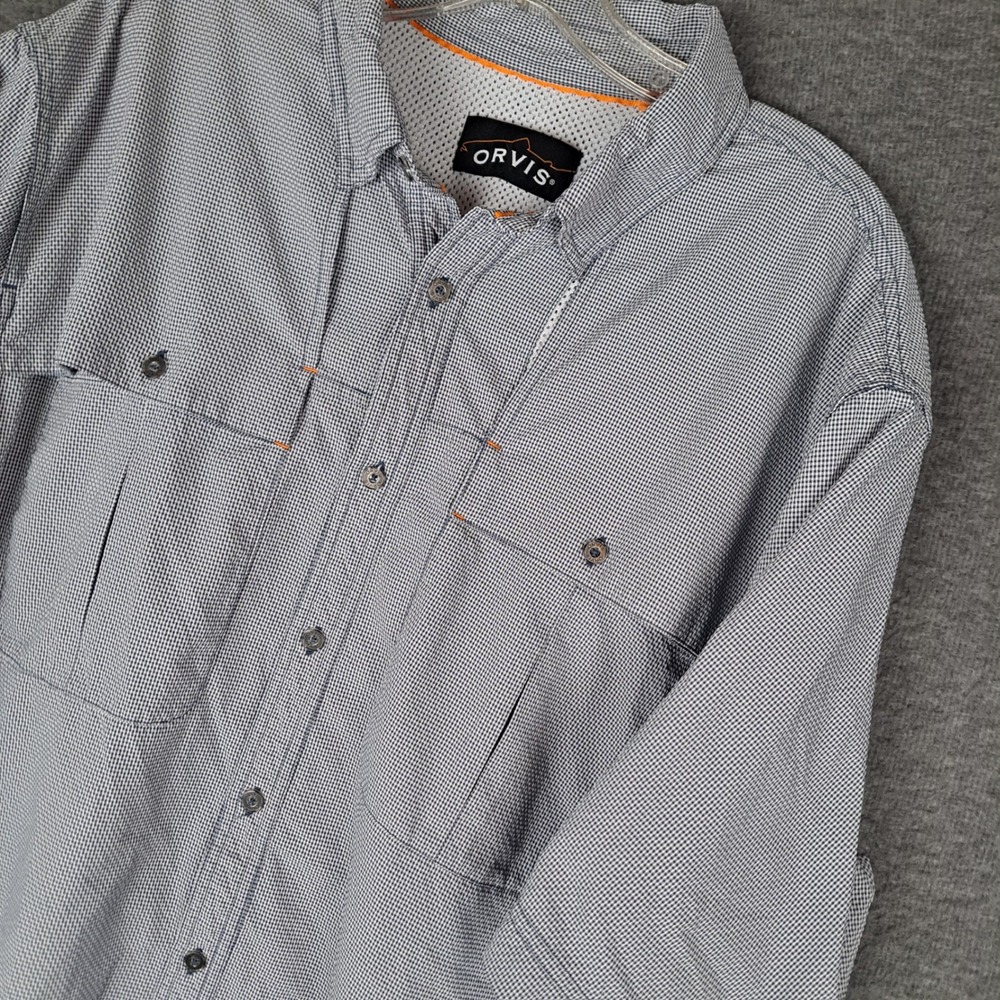 Orvis Fishing Shirt Mens L Blue Gingham Vented Mesh Back Short Sleeve Utility